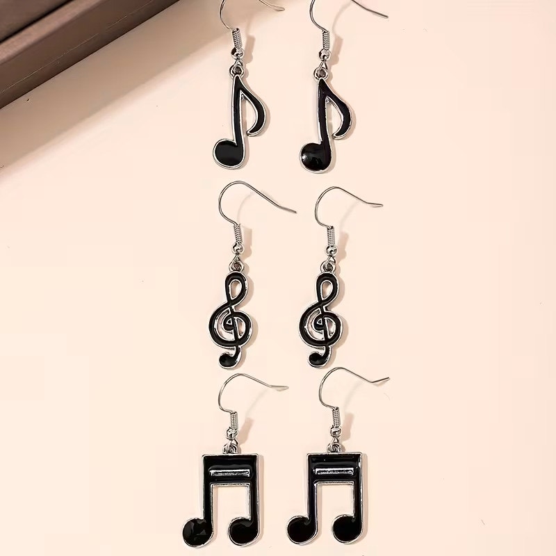 3 Pairs Of Musician, Music Student, Music Note Dangling Earrings - Black/Silver